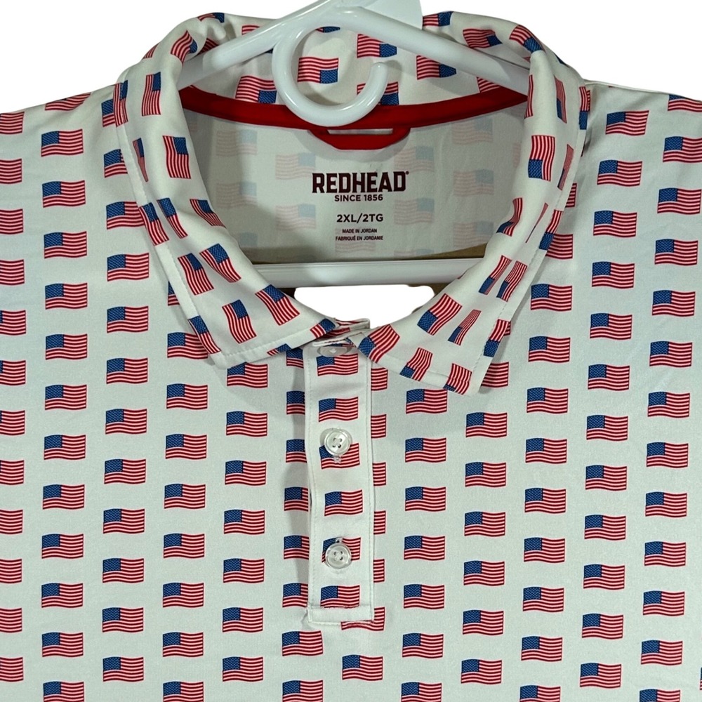 RedHead Mens 2XL American Flag All Over Print Polo Shirt White Short Sleeve